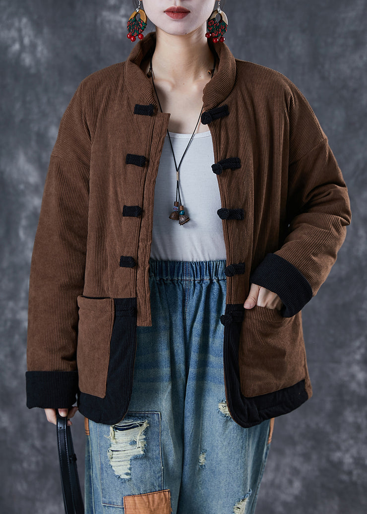 Coffee Patchwork Fine Cotton Filled Parka Oversized Chinese Button Winter