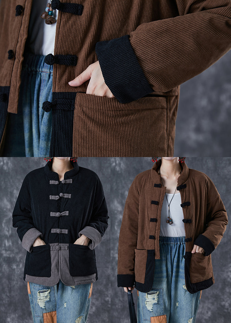 Coffee Patchwork Fine Cotton Filled Parka Oversized Chinese Button Winter