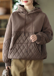 Chocolate Patchwork Fine Cotton Filled Pullover Sweatshirt Drawstring Winter