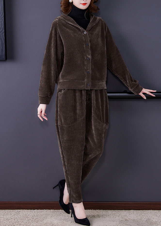 Coffee Patchwork Hooded Corduroy Coats And Harem Pants Two Pieces Set Fall