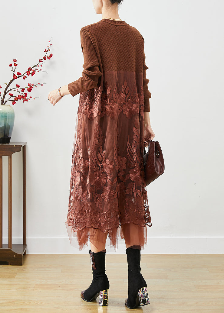 Coffee Patchwork Knit Holiday Dresses Embroidered Fall