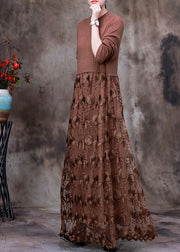 Chocolate Patchwork Knit Long Knit Dress Asymmetrical Winter