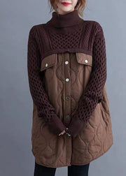 Chocolate Patchwork Knit Long Sweater Fine Cotton Filled Turtle Neck Winter