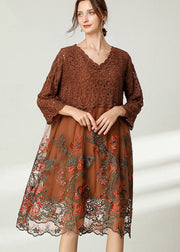 Chocolate Patchwork Lace Loose Dress Embroidered Spring