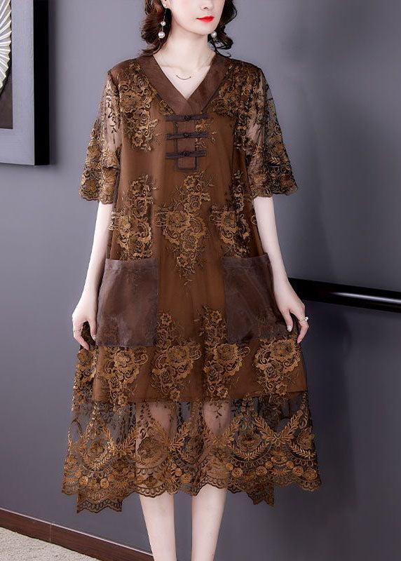 Chocolate Patchwork Lace Maxi Dresses V Neck Embroidered Summer