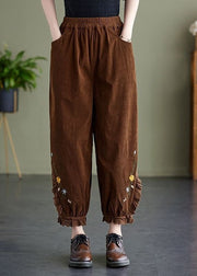 Coffee Patchwork Lace Warm Fleece Corduroy Harem Pants Embroidered Oversized Spring
