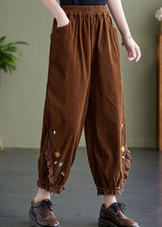 Coffee Patchwork Lace Warm Fleece Corduroy Harem Pants Embroidered Oversized Spring