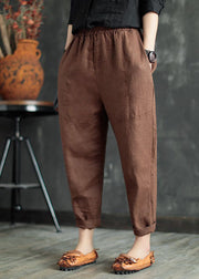 Chocolate Patchwork Linen Crop Pants Elastic Waist Solid Color Summer