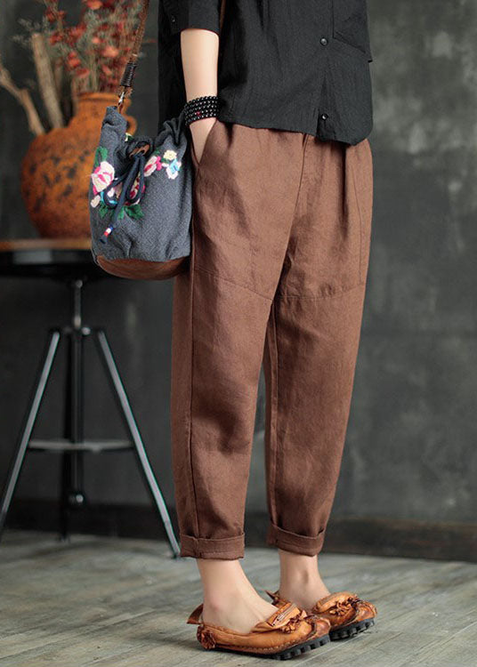 Kaffee-Patchwork-Leinen-Crop-Hosen mit elastischer Taille, einfarbig, Sommer