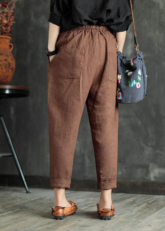 Chocolate Patchwork Linen Crop Pants Elastic Waist Solid Color Summer