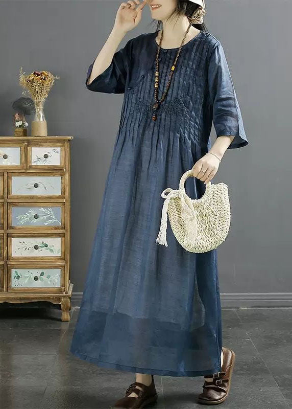 Coffee Patchwork Linen Dress O Neck Wrinkled Embroidered Summer