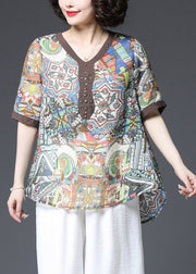 Chocolate Patchwork Loose Cotton Shirt Top Sequined Short Sleeve