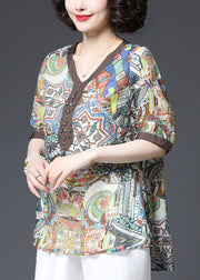 Chocolate Patchwork Loose Cotton Shirt Top Sequined Short Sleeve