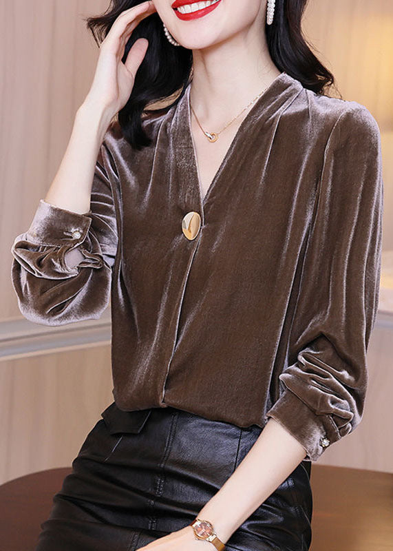 Chocolate Patchwork Silk Velour Shirt Top V Neck Solid Color Long Sleeve