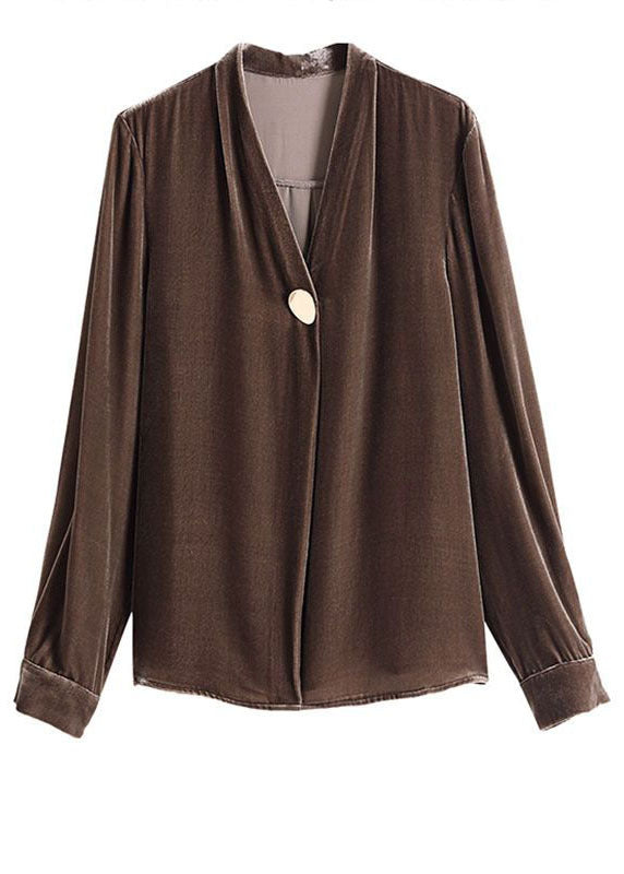 Chocolate Patchwork Silk Velour Shirt Top V Neck Solid Color Long Sleeve