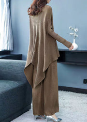Coffee Patchwork Tops And Pants Woolen Two Piece Suit Set Asymmetrical Fall