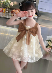 Coffee Patchwork Tulle Kids Girls Dress Ruffled Bow Sleeveless