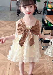 Coffee Patchwork Tulle Kids Girls Dress Ruffled Bow Sleeveless