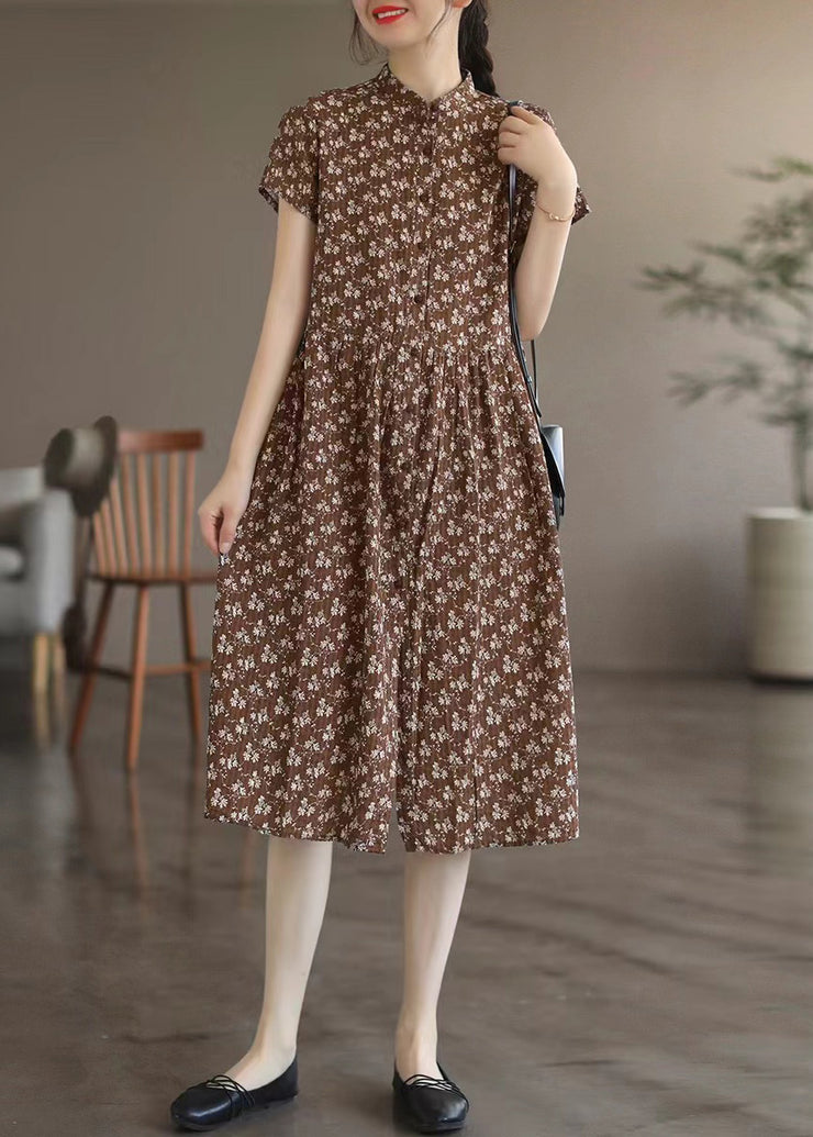 Coffee Patchwork Wrinkled Button Maxi Dresses Short Sleeve