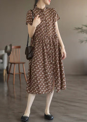 Coffee Patchwork Wrinkled Button Maxi Dresses Short Sleeve