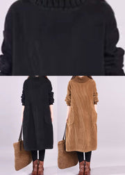 Chocolate Patchwork thick Corduroy Dresses Turtle Neck Long Sleeve