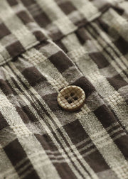 Chocolate Plaid Patchwork Linen Shirt Button Half Sleeve