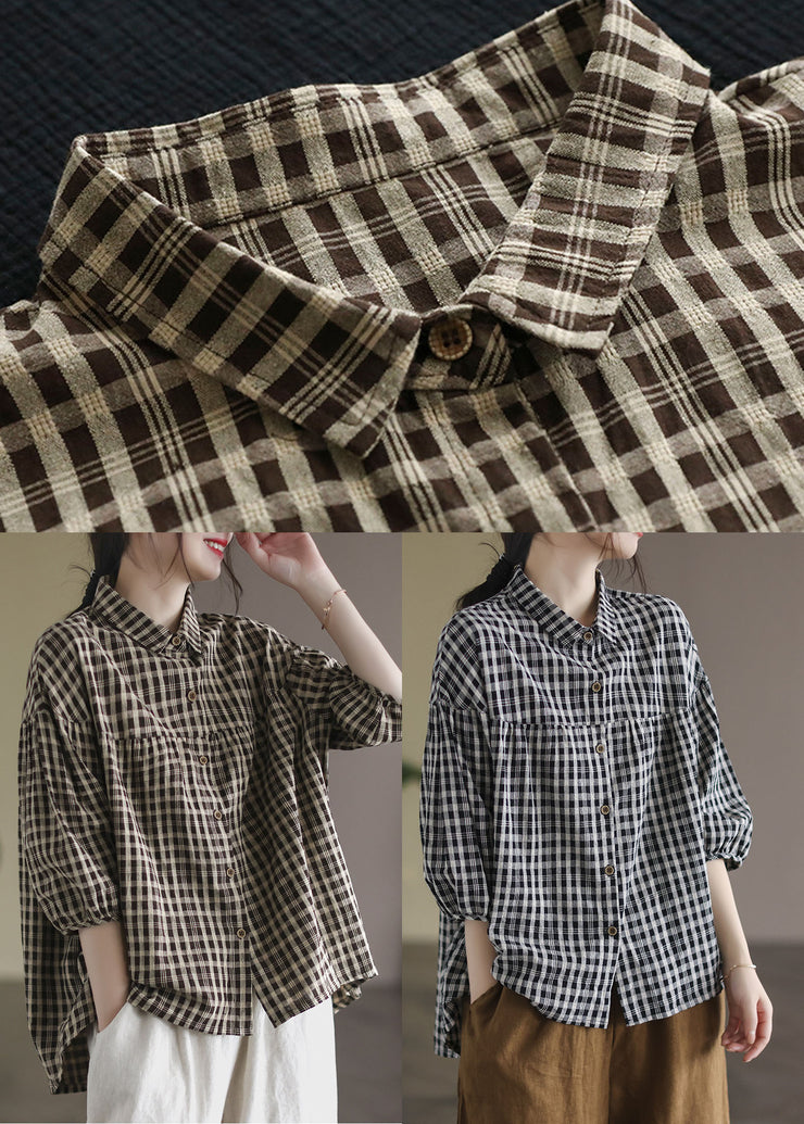 Chocolate Plaid Patchwork Linen Shirt Button Half Sleeve