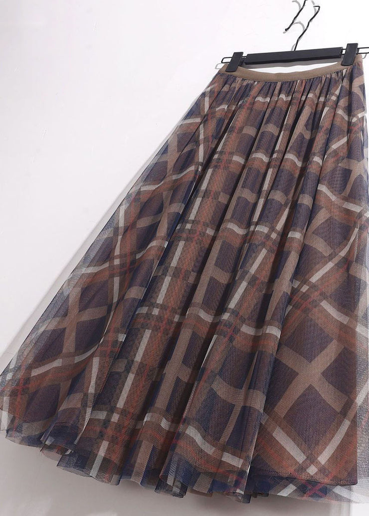 Chocolate Plaid Tulle A Line Skirt High Waist Spring