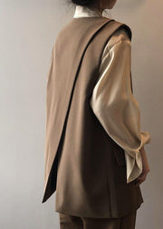 Chocolate Pockets Chiffon Vest Tops Back Side Open Solid Color Sleeveless
