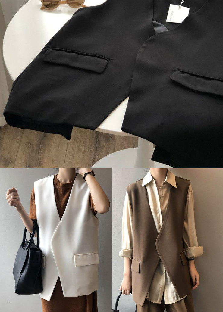 Chocolate Pockets Chiffon Vest Tops Back Side Open Solid Color Sleeveless