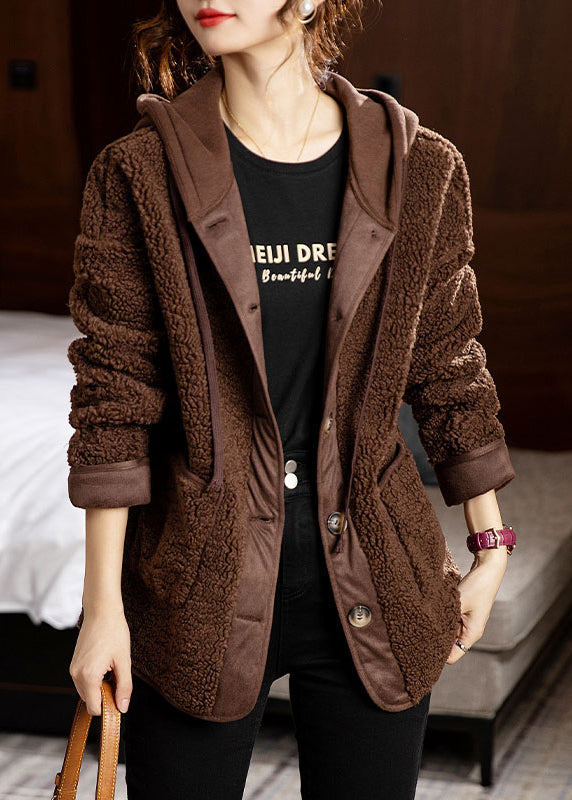 Coffee Pockets Patchwork Coats Teddy Faux Fur Hooded Long Sleeve