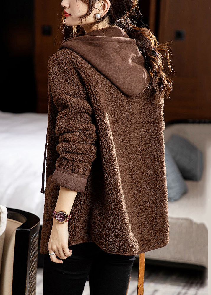 Coffee Pockets Patchwork Coats Teddy Faux Fur Hooded Long Sleeve