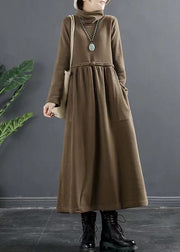 Coffee Pockets Patchwork Cotton Dresses Hign Neck Wrinkled Fall