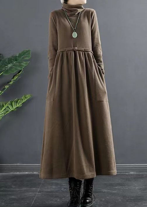 Coffee Pockets Patchwork Cotton Dresses Hign Neck Wrinkled Fall