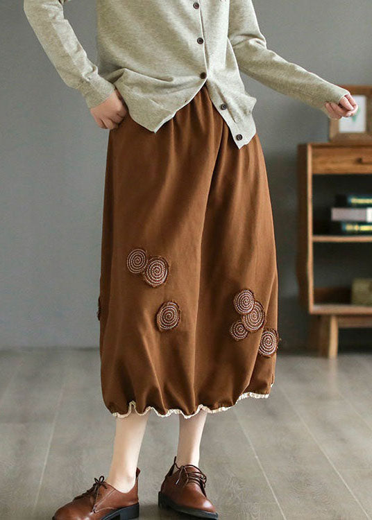 Coffee Pockets Patchwork Cotton Skirts Wrinkled Embroidered Spring