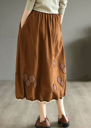 Coffee Pockets Patchwork Cotton Skirts Wrinkled Embroidered Spring
