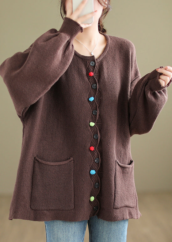 Coffee Pockets Patchwork Cozy Knit Coats O Neck Fall