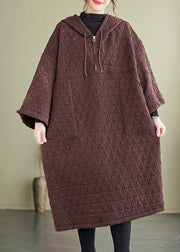 Coffee Pockets Patchwork Fine Cotton Filled Dresses Hooded Winter