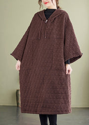 Coffee Pockets Patchwork Fine Cotton Filled Dresses Hooded Winter