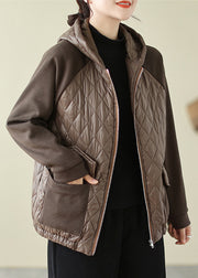 Coffee Pockets Patchwork Fine Cotton Filled Hooded Coat Zip Up Winter