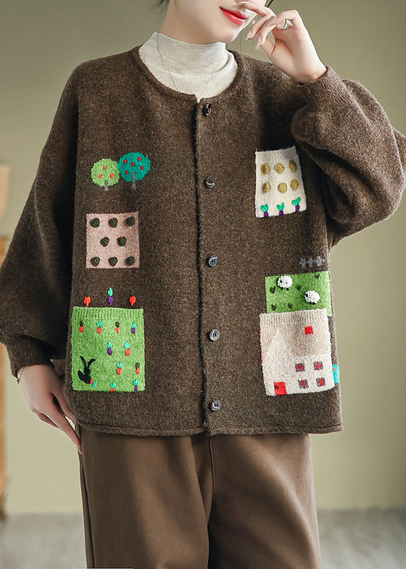 Coffee Pockets Patchwork Knit Cardigans Coat O Neck Button Fall