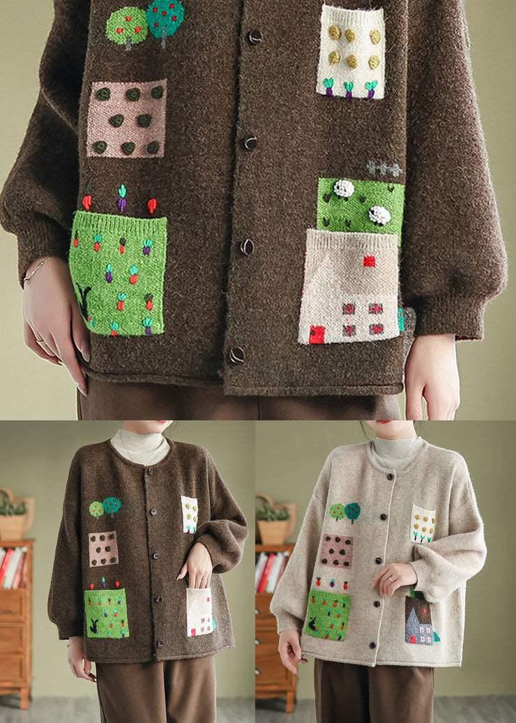 Coffee Pockets Patchwork Knit Cardigans Coat O Neck Button Fall