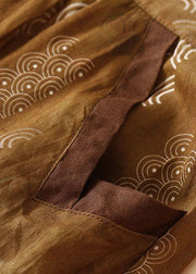 Coffee Pockets Print Patchwork Linen Skirt Wrinkled Summer