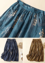 Coffee Pockets Print Patchwork Linen Skirt Wrinkled Summer