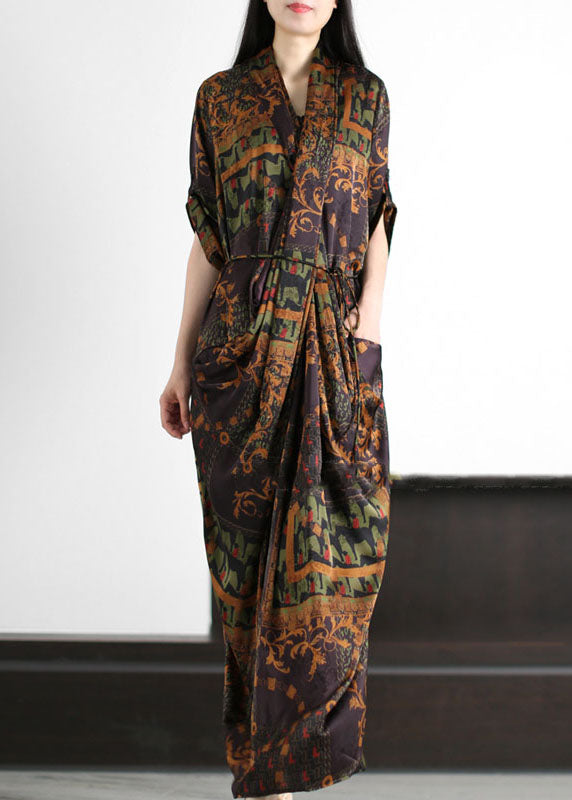 Coffee Pockets Print Patchwork Silk Gown Wrinkled Tie Waist Summer