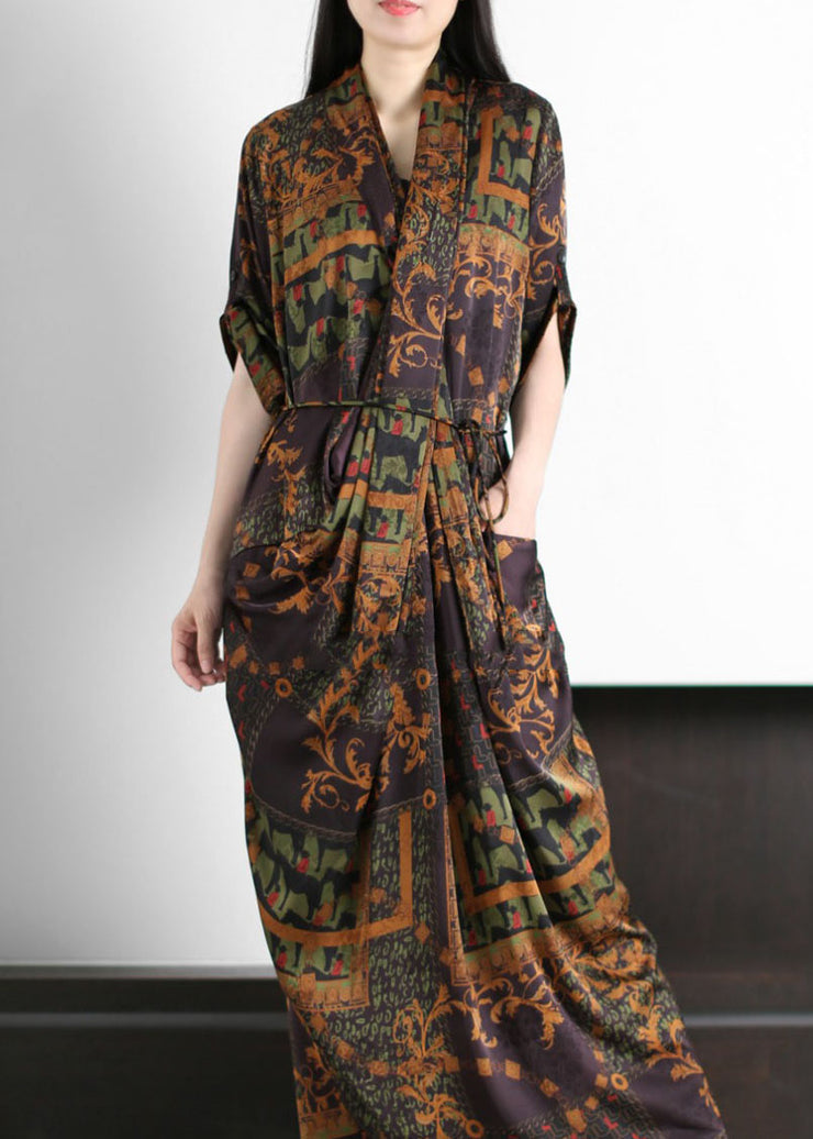 Coffee Pockets Print Patchwork Silk Gown Wrinkled Tie Waist Summer