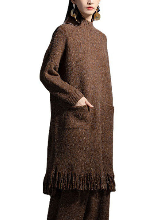 Coffee Pockets Wool Knitwear Dress Stand Collar Winter