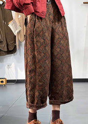 Chocolate Print Fine Cotton Filled Linen Pants Elastic Waist Winter