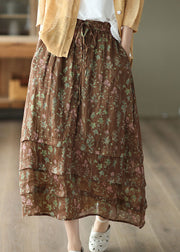 Chocolate Print Linen Skirt Wrinkled Pockets Tie Waist Summer