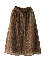 Chocolate Print Linen Skirt Wrinkled Pockets Tie Waist Summer